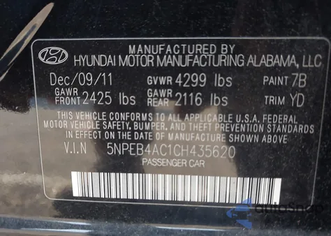 2012 Hyundai Sonata Gls Pzev from USA, damaged, VIN 5NPEB4AC1CH435620